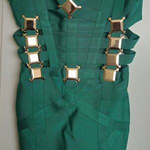bebe Green Mini Dress with Gold Accents